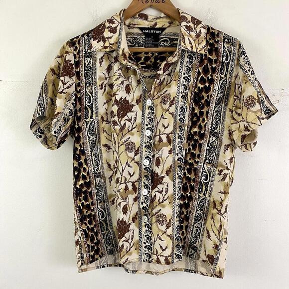 HALSTON vintage 100% silk animal print button down blouse - Picture 1 of 6